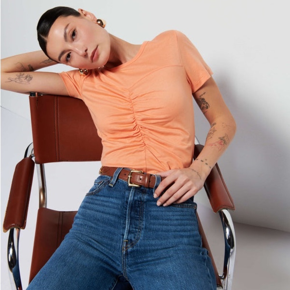 Nation LTD Orange Scrunched Crewneck Short Sleeve Alina Tee Shirt Small